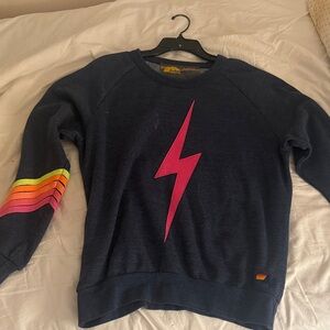 RARE Aviator Nation Dark Blue Sweatshirt with Pink Lightning and Rainbow Stripes